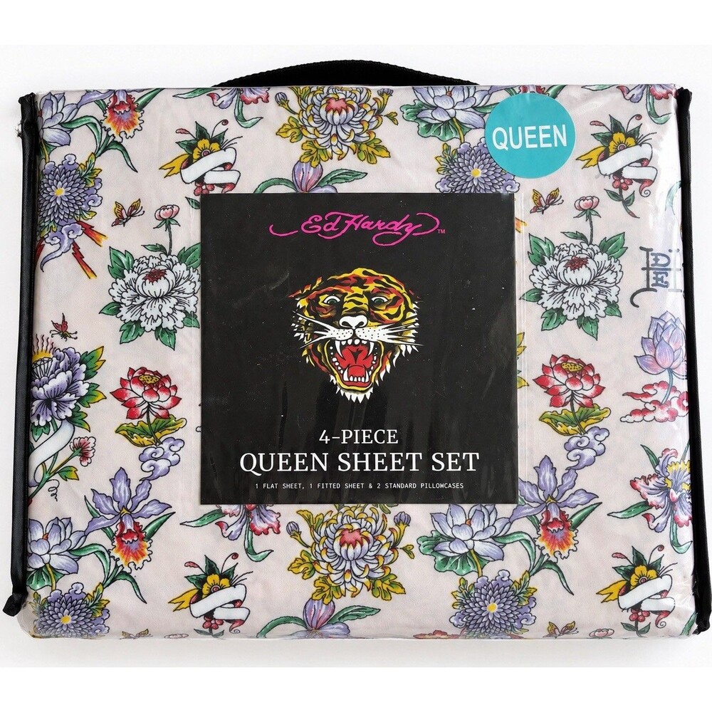 Ed Hardy Queen Sheet Set 4 Piece Floral Tattoo Tiger Bedding NEW